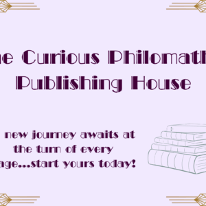 Stack of books with teacup on top, promoting The Curious Philomathic